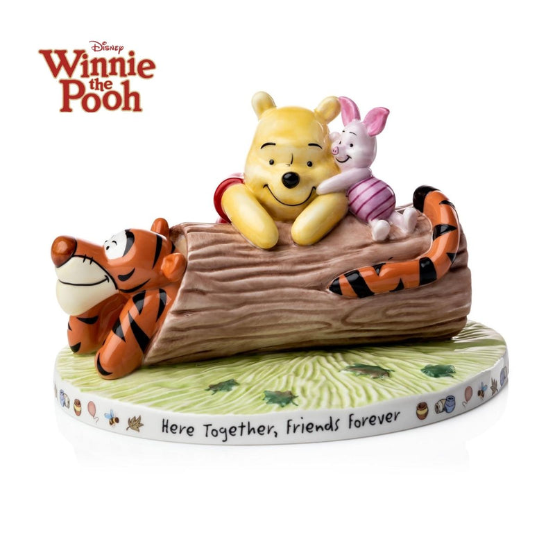 The Here Together, Friends Forever captures the classic characters of One Hundred Acre Wood and celebrates their friendship. The amazingly talented craftsmen have displayed Winnie the Pooh, Piglet and Tigger all cosied up on a tree log. The detailing on the wood and all of the character&