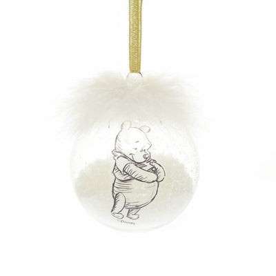 Winnie the Pooh Christmas bauble with white feather top and gold hanging ribbon.