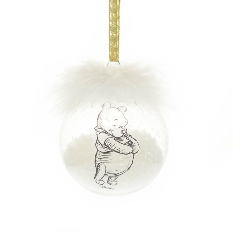 Winnie the Pooh Christmas bauble with white feather top and gold hanging ribbon.