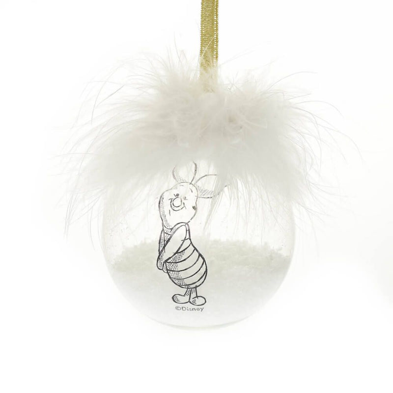 Piglet Christmas bauble with white feather top and gold hanging ribbon.