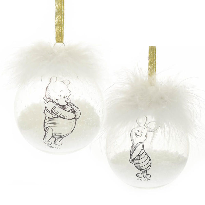 Two clear acrylic baubles featuring Pooh and Piglet illustrations with feather details.