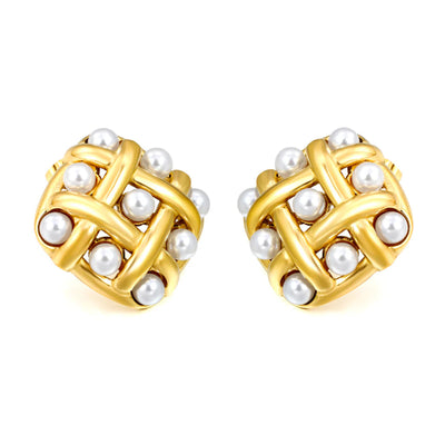 Front-facing product image: pair of square lattice earrings in 18 K gold-plated stainless steel, each opening framed by round white pearls.
