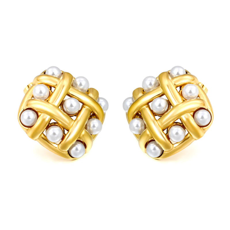 Front-facing product image: pair of square lattice earrings in 18 K gold-plated stainless steel, each opening framed by round white pearls.
