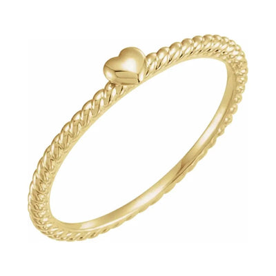 Heart on a Stackable Rope Ring in 14kt Yellow, White or Rose Gold