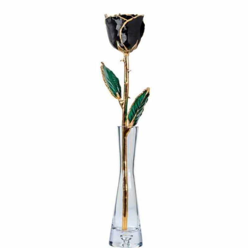 Gift set: black lacquered rose with 24ct gold trim displayed inside matching glass vase.
