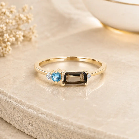 9ct Gold Diamond, Smoky Quartz and Blue Topaz Ring