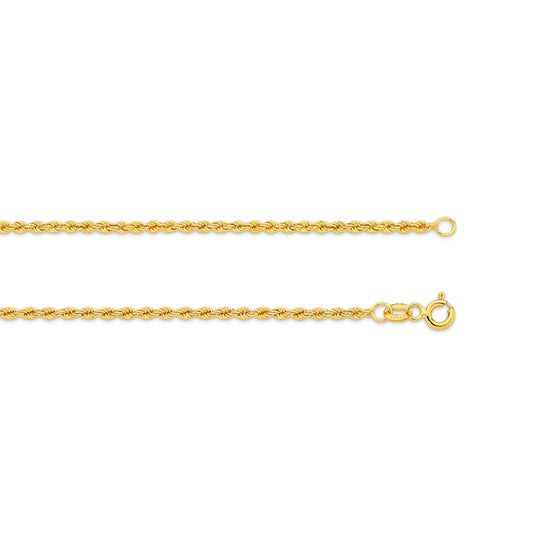 9ct Yellow Gold 2.18mm Hollow Diamond Cut Rope Chain