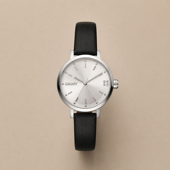 DKNY Soho Glitz Silver Dial Black Leather Strap Watch