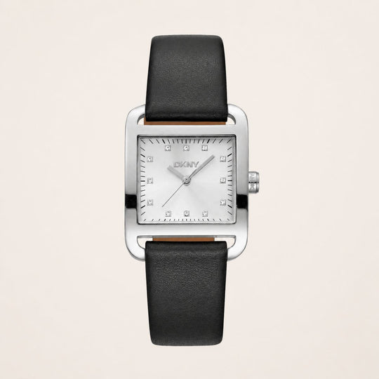 DKNY City Midi Silver Dial Black Leather Strap Watch