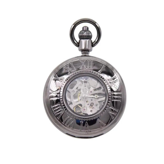 Gunmetal Grey Skeleton Mechanical Pocket Watch