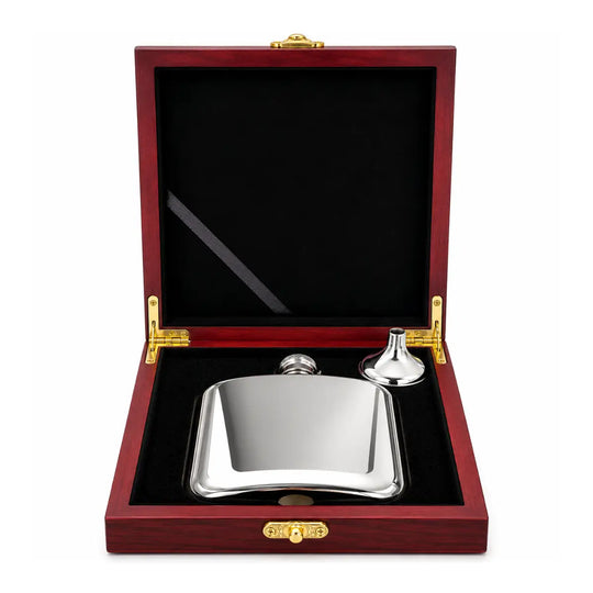 6oz Engravable Pewter Hip Flask in Wooden Gift Box