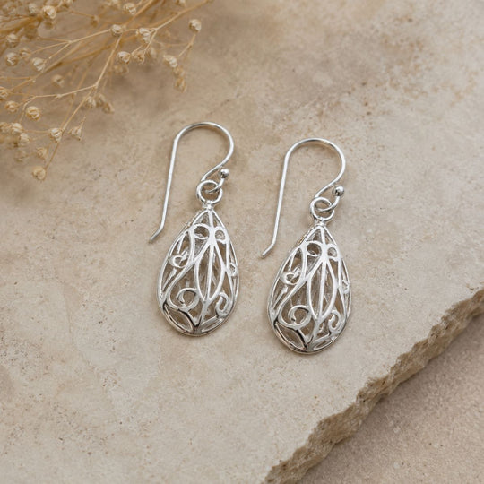 Sterling Silver Filigree Tear Drop Earrings