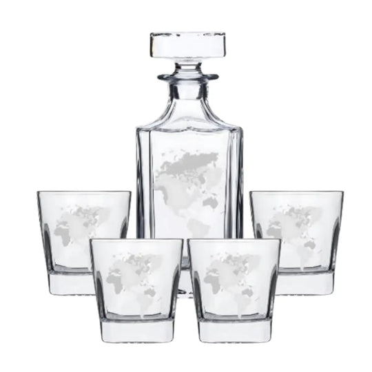 World Map Whisky Decanter & 4 Whisky Tumbler Set