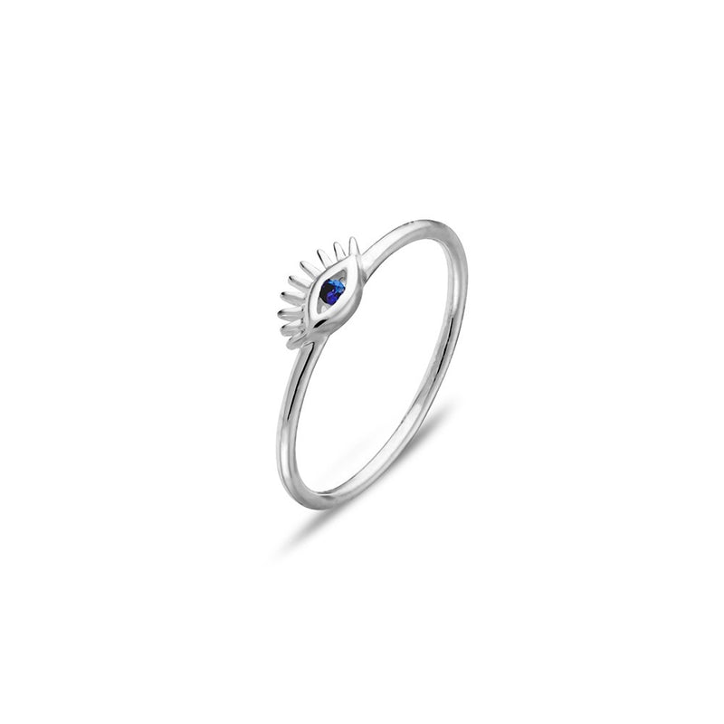 Sterling silver evil eye ring with blue CZ centre stone – symbolic protection jewellery.