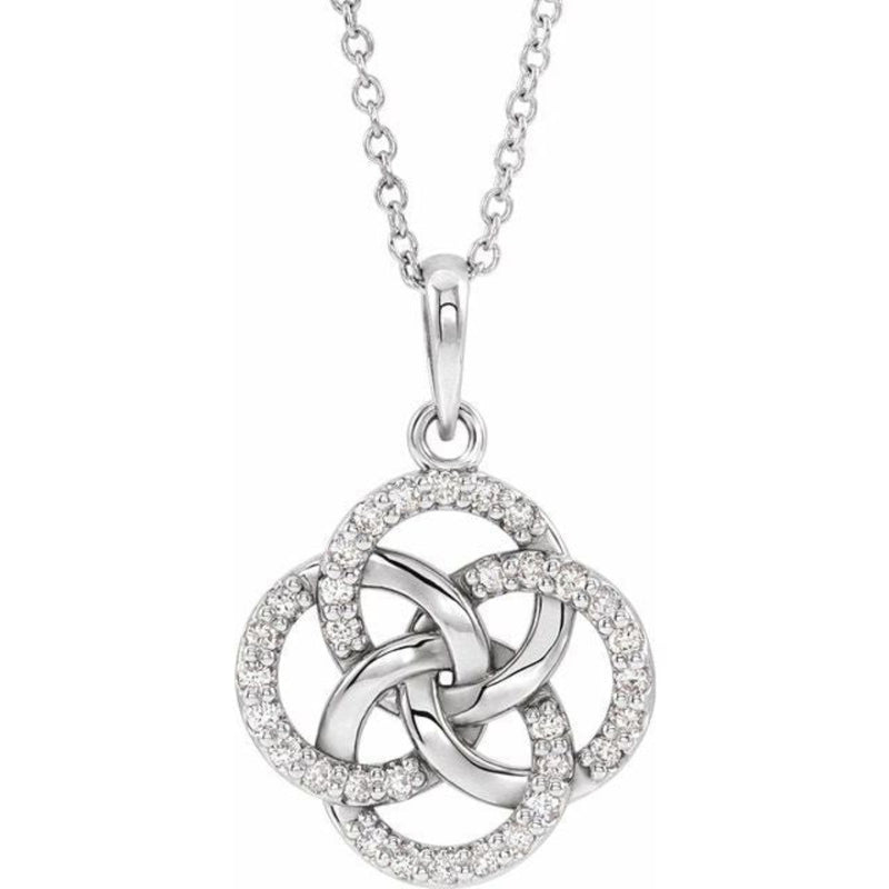 This beautiful piece of jewellery that features a Celtic five-fold knot design, accented with 32 natural diamonds. The pendant is made of rhodium-plated 925 sterling silver, which gives it a bright, shiny finish that will last for years to come. Available from Jewels of St Leon Online Jewellery Australia.