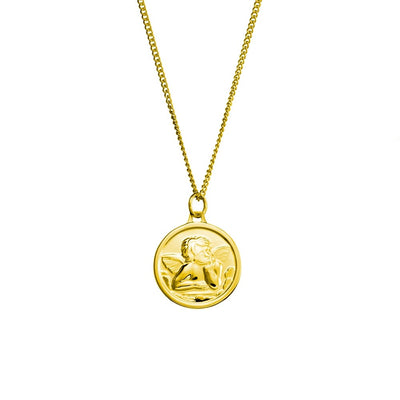 Cherub Angel 15mm coin on an adjustable 45-49cm curb Necklace. Crafted from 14K Yellow Gold-Plated 925 Sterling Silver, sold by Australia's best online jewellery store Jewels of St Leon and part of the Essential Silver Collection. Free Shipping on all products Australia wide.