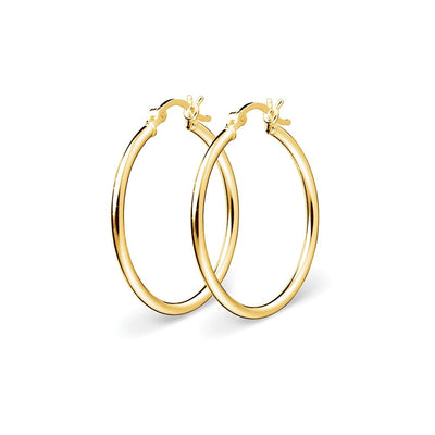These classic hoop earrings available in 20x2mm and 25x2mm. Beautiful Fashion Accessory made from 14K Yellow Gold-Plated 925 Sterling Silver, sold by Australia's best online jewellery store Jewels of St Leon and part of the Essential Silver Collection. Free Shipping on all products Australia wide.