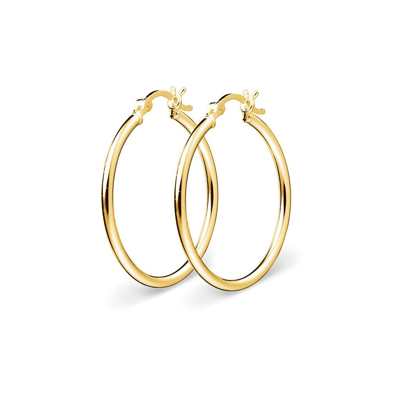 These classic hoop earrings available in 20x2mm and 25x2mm. Beautiful Fashion Accessory made from 14K Yellow Gold-Plated 925 Sterling Silver, sold by Australia&