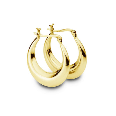 Fancy 26mm tapered oval hoop earrings. A beautiful fashion accessory that is a must for your jewellery collection. Crafted from 14K Gold=Plated 925 Sterling Silver, sold by Australia's best online jewellery store Jewels of St Leon and part of the Essential Silver Collection. Free Shipping on all products Australia wide.
