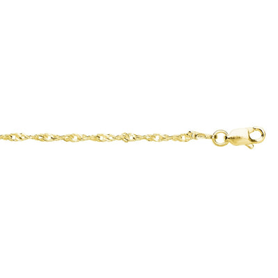 1.5mm Singapore twist 22.5cm (9in) anklet is a wonderful fashion accessory to draw the eye to the ankle and legs. Crafted from 14K Gold-Plated 925 sterling silver and has a lobster clasp.