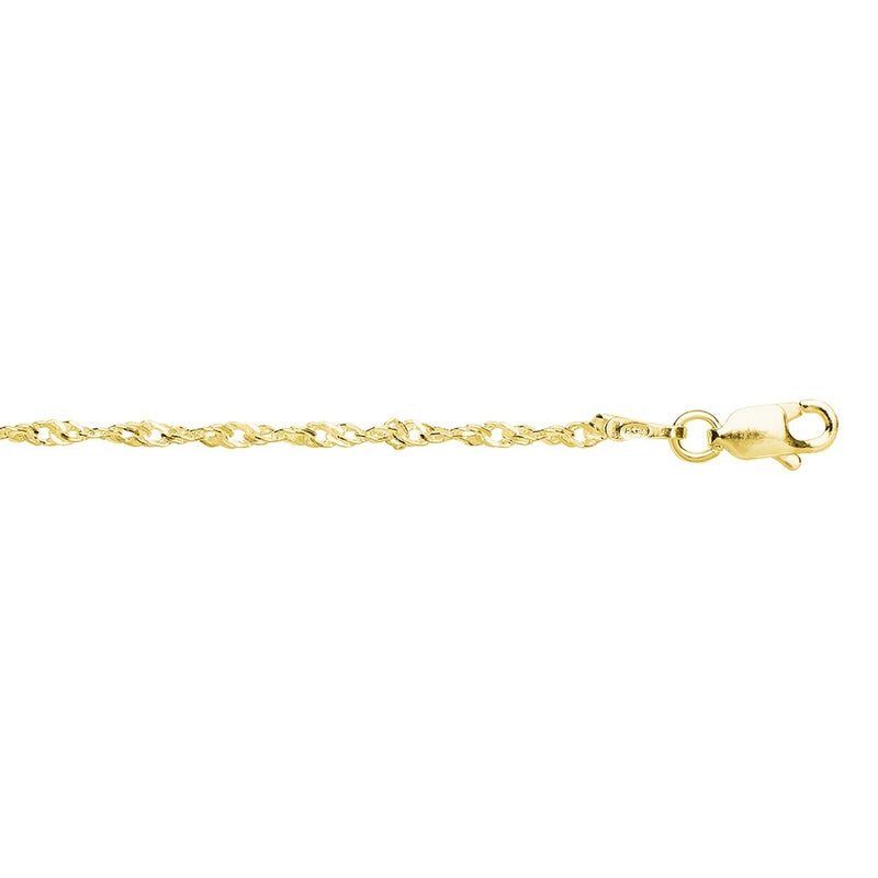 1.5mm Singapore twist 22.5cm (9in) anklet is a wonderful fashion accessory to draw the eye to the ankle and legs. Crafted from 14K Gold-Plated 925 sterling silver and has a lobster clasp.