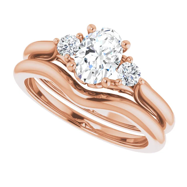 Rose Gold Engagement Ring and matching Wedding Band. Three stone vintage inspired diamond engagement ring. Available from Jewels of St Leon Jewellery