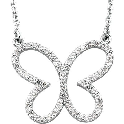 Our 14K white gold butterfly pendant necklace is a stunning piece of jewellery designed specifically for ladies. The pendant measures 18x14.2mm in size and is set with 0.25CTW diamond accents. The necklace comes with a 40cm chain that adds to its elegance and charm. Available from Jewels of St Leon Online Jewellery Australia