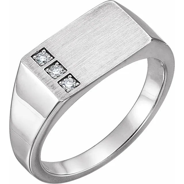 Natural Diamond Accented Male Signet Ring in 14K White Gold