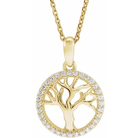 0.20ctw Tree of Life Diamond Necklace in 14kt Yellow, Rose or White Gold.