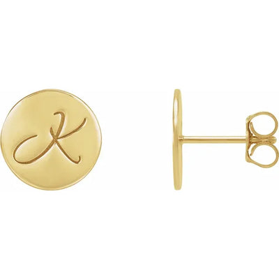 Engraved Personalised Initial Stud Earrings, size 10mm in 14K yellow Gold. These personalised stud earrings are a great gift idea. From Jewels of St Leon Australia Online Jewellery Store.