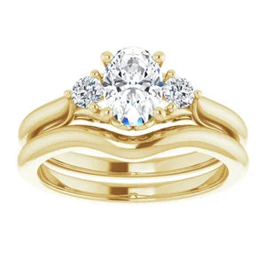 14K yellow gold vintage-inspired three stone natural diamond engagement ring with matching contoured wedding band. Perfect for the romantic and fashionable bride-to-be. Available from Jewels of St Leon Jewellery.