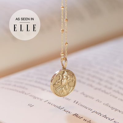 Artemis Goddess of the hunt Coin Necklace. 14K Yellow Gold and on a 45cm Faceted Bead Chain. As Seen in Elle Magazine, available from Jewels of St Leon Australia Online Store.