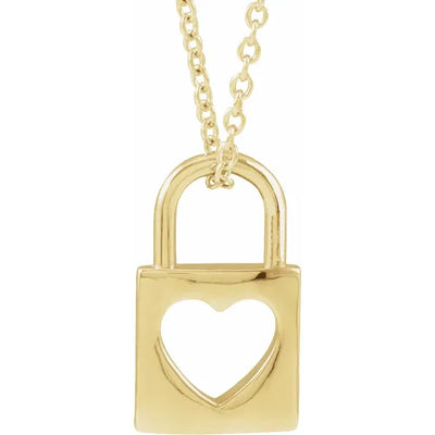 Cut Out Heart Lock Necklace, crafted from 14K Gold. Stylish as part of layered combination or as a standalone necklace. Available from Australian online Jewellery store Jewels of St Leon. Free Shipping.