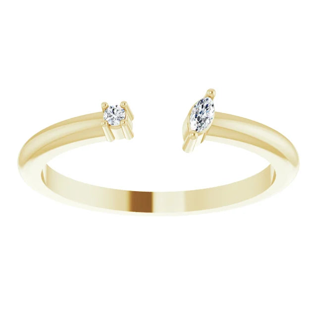 0.04ct Natural Diamond Negative Space Gold Ring. Features a round and marquise natural diamond either side of the negative space. Crafted from 14K yellow Gold, now available from Jewels of St Leon Australia online jewellery store