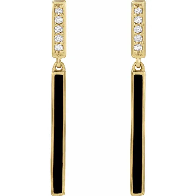 Diamond & Black Enamelled Bar Gold Earrings