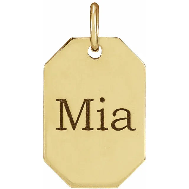 Engravable Dog Tag Pendant or Charm crafted in 14K yellow gold. Personalised Custom Gold Jewellery from Jewels of St Leon Australia online jewellery store. Free shipping & Free Engraving.