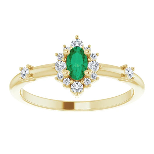 14kt Yellow Gold Emerald & Diamond Halo Ring.
