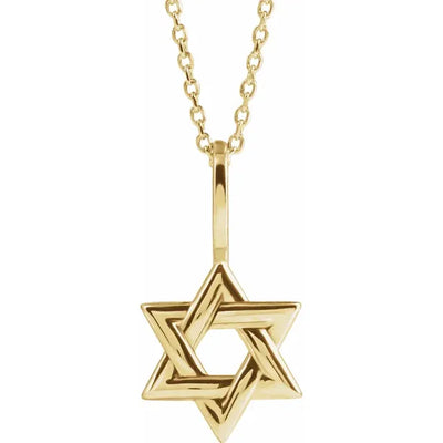 Brilliantly stunning Star of David Necklace in 14K yellow gold, the perfect piece of jewellery for any occasion. This beautiful necklace features a 19.55x12mm metal fashion Star of David pendant that hangs elegantly from a 40-45cm adjustable cable chain, making it the perfect length for any outfit. This ladies' necklace is made from high-quality gold, ensuring it will last a lifetime. Available from Jewels of St Leon Online Jewellery Australia.