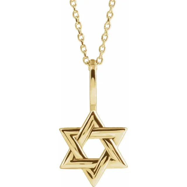 Brilliantly stunning Star of David Necklace in 14K yellow gold, the perfect piece of jewellery for any occasion. This beautiful necklace features a 19.55x12mm metal fashion Star of David pendant that hangs elegantly from a 40-45cm adjustable cable chain, making it the perfect length for any outfit. This ladies&