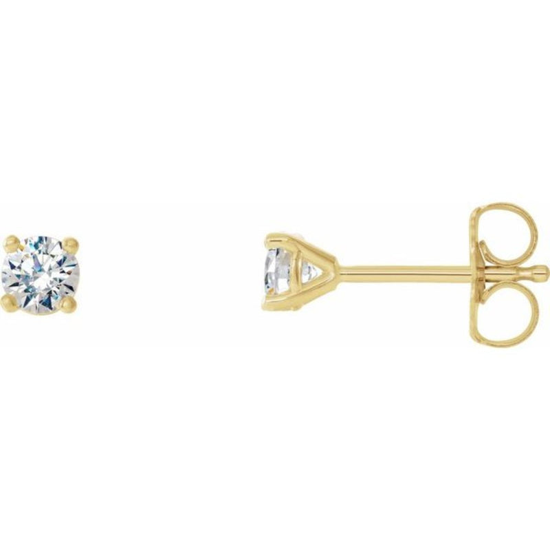 A close-up view of the pair of diamond stud earrings, showcasing their radiant 3mm natural diamonds set in luxurious 14K yellow gold.