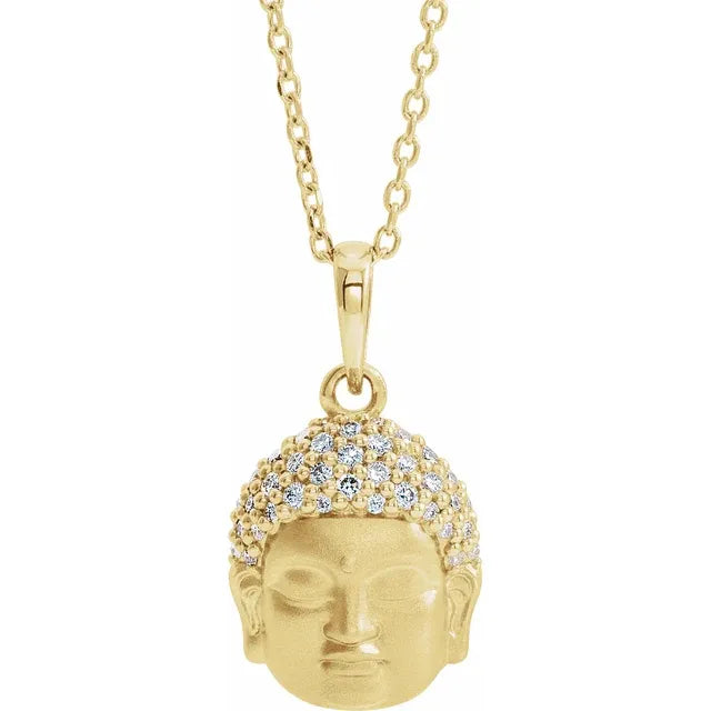 This exquisite 14K yellow gold pendant features a diamond-accented Buddha and would make a stunning addition to any jewellery collection. The pendant measures 14.4x10.4mm and has an adjustable 40-45cm chain, making it the perfect fit for any neck size. Available from Jewels of St Leon Online Jewellery Australia