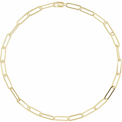 45cm 14ct gold-filled paperclip chain necklace displayed in a circular layout.