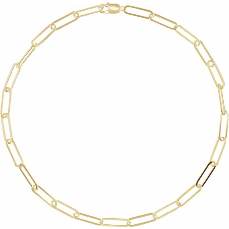45cm 14ct gold-filled paperclip chain necklace displayed in a circular layout.