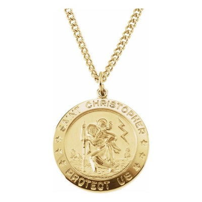 A 14kt gold filled necklace with a St. Christopher medal pendant attached to a gold-filled chain.