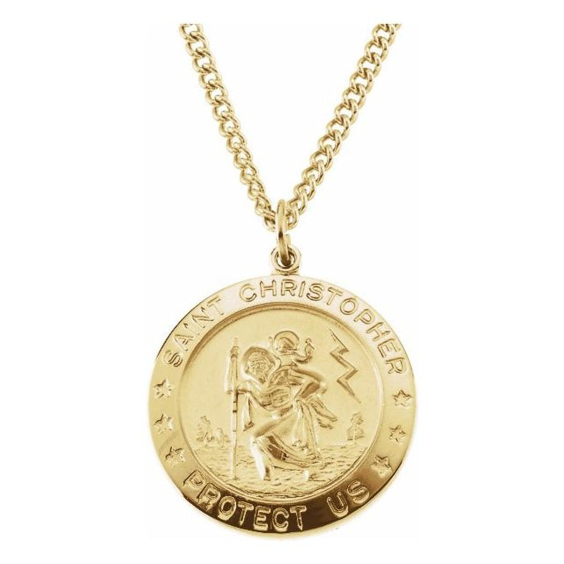 A 14kt gold filled necklace with a St. Christopher medal pendant attached to a gold-filled chain.