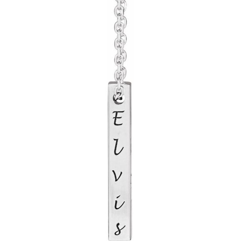 Sterling Silver Bar Necklace engraved with "Elvis," showcasing the elegant, minimalistic design. The 17x2.5mm bar offers a personal touch while maintaining a classic, versatile look for everyday wear.