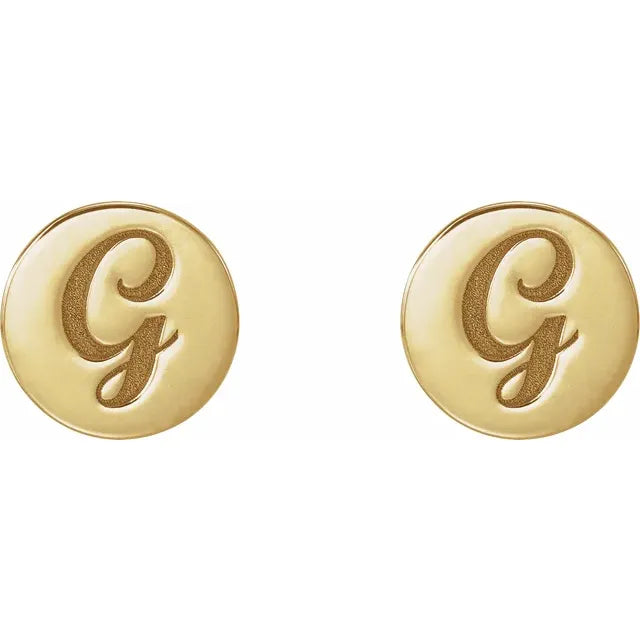 Personalised custom made Initial Stud Earrings, size 8mm in 18K yellow Gold. These personalised stud earrings are a great gift idea. From Jewels of St Leon Australia Online Jewellery Store.