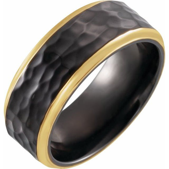 Black Titanium with 18kt Gold 8mm Band with Hammered Finish