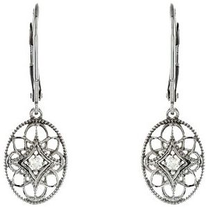  Intricate Granulated Filigree Natural Diamond Sterling Silver Earrings. Measuring 31.7x10.2mm, these dangle earrings feature diamond accents and a vintage style that will never go out of fashion. They are made of rhodium-plated 925 sterling silver, and each earring has a 1.95mm diamond centre, totalling 0.06ctw. Available from Jewels of St Leon Online Jewellery Australia.