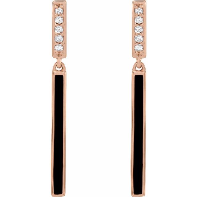 Diamond & Black Enamelled Bar Gold Earrings